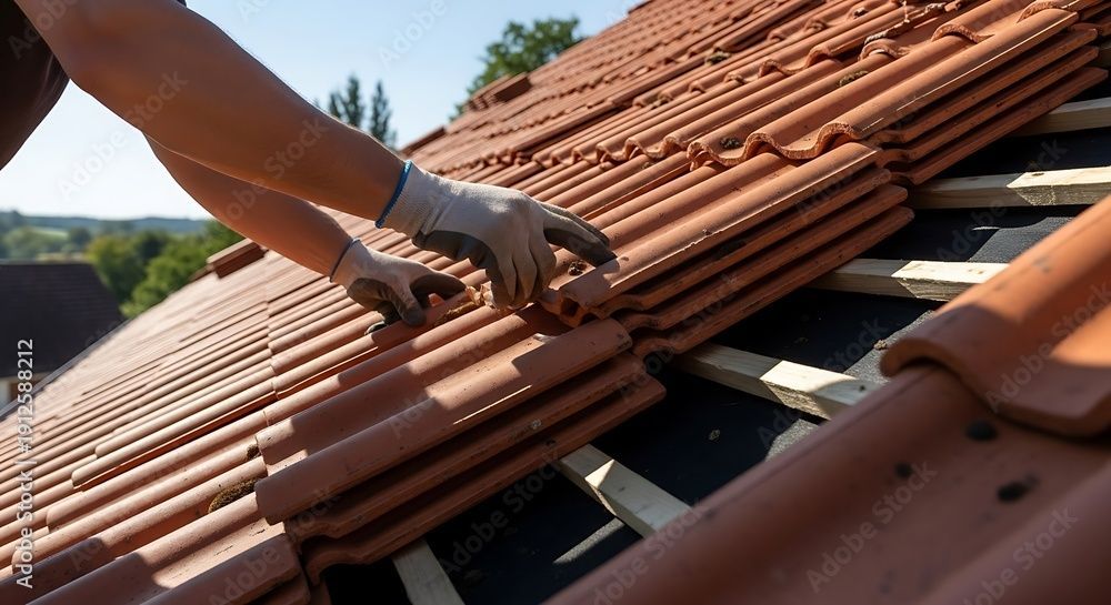 Craftsperson installing clay roof tiles for new house construction project.