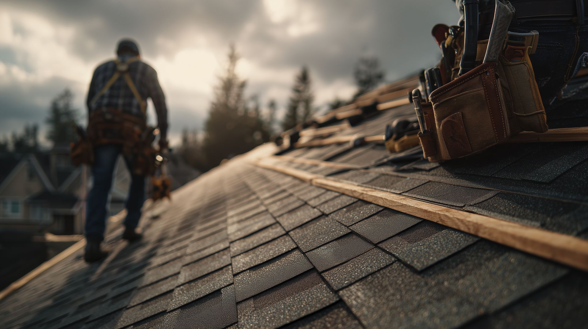 Roofing contractor wearing a tool belt walking along a newly shingled roof ridge under gray clouds.