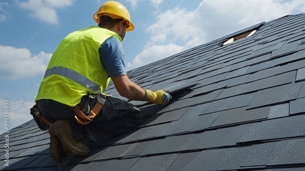 A construction worker installing roofing shingles on a residential home. A construction worker installing roofing shingles on a residential home.