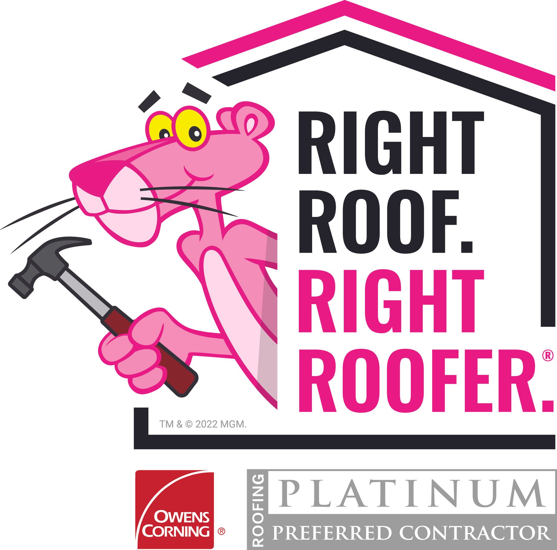 Pink Panther holding a hammer with text: