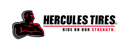 Hercules Tires logo with red-and-black strongman icon and slogan “Ride on our strength.”