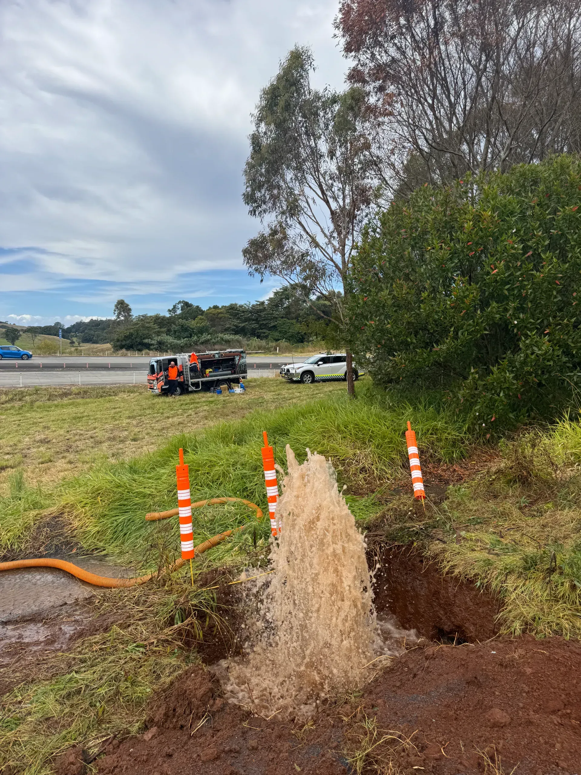 Water gushing from a hole in a grassy area, orange cones present. A truck and SUV are parked nearby.  — Commercial Leak Detection