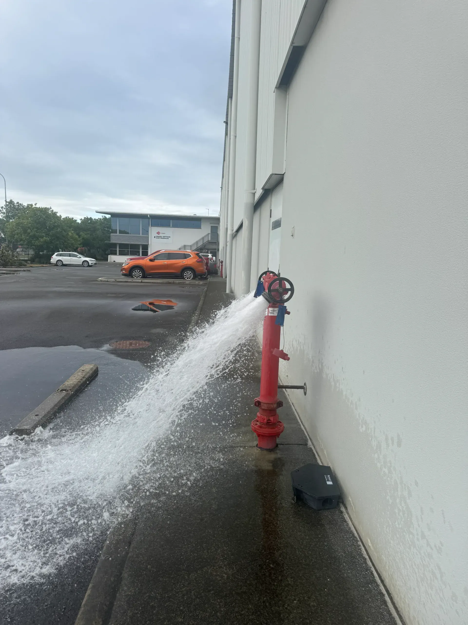Red fire hydrant sprays water on concrete near a white building. — Commercial Leak Detection
