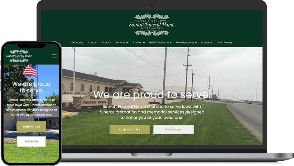 Website homepage shown on laptop and phone with green header and hero image of a roadside building