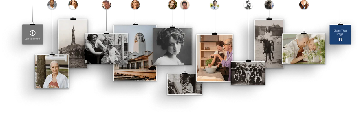 Collage of framed photos and hanging light bulbs arranged on a white wall above a bench.