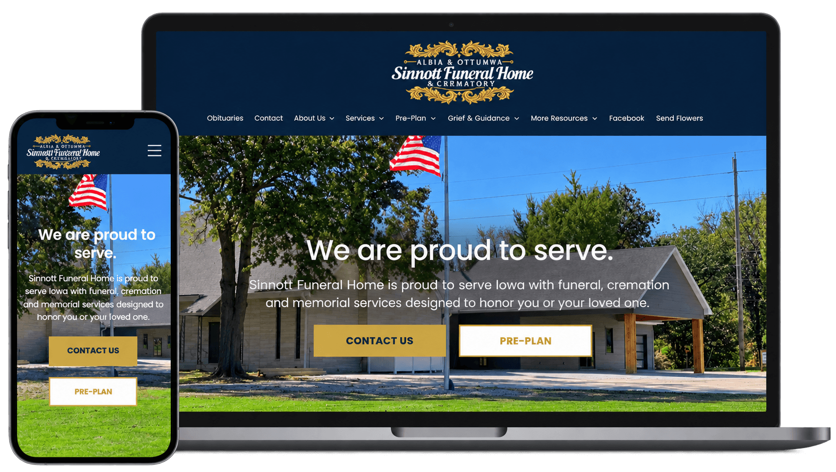 Website homepage shown on laptop and phone with green header and hero image of a roadside building