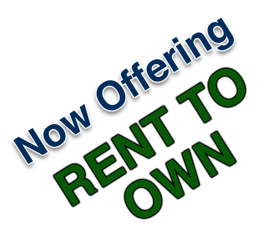 Blue and green tilted text reading “Now Offering Rent To Own”