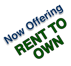 Blue and green tilted text reading “Now Offering Rent To Own”