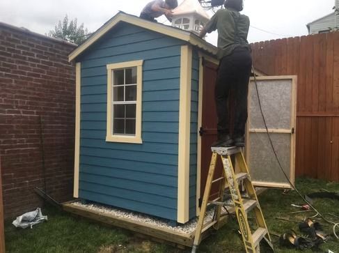 Person painting the side of a small blue shed with cream trim in a backyard.