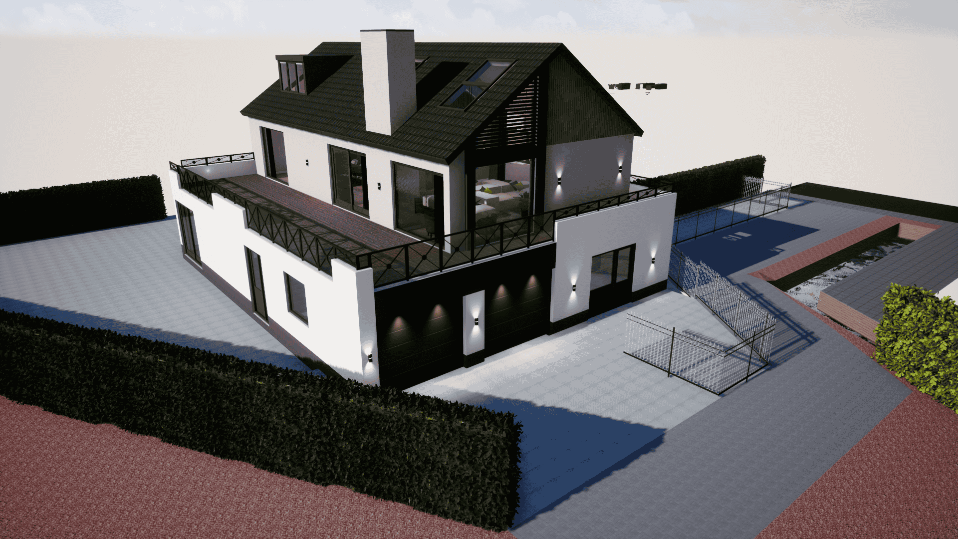 Een 3D-ontwerp van een losstaande villa.