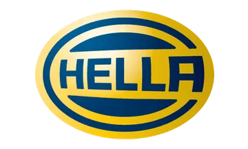 HELA logo in blue lettering inside a yellow oval on a white background