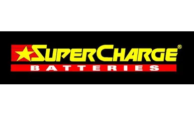 SuperCharge Batteries logo on black background with yellow star and red banner