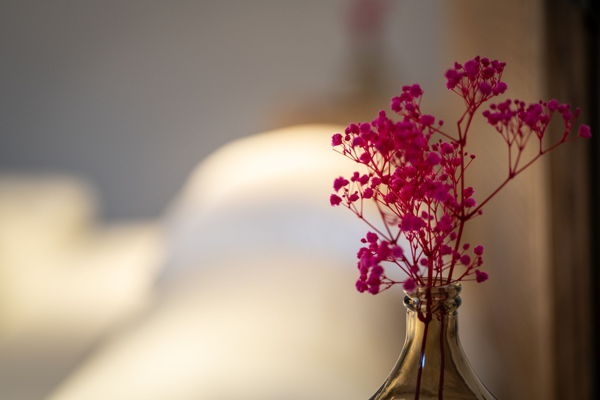 A vase filled with pink flowers is sitting on a table.
