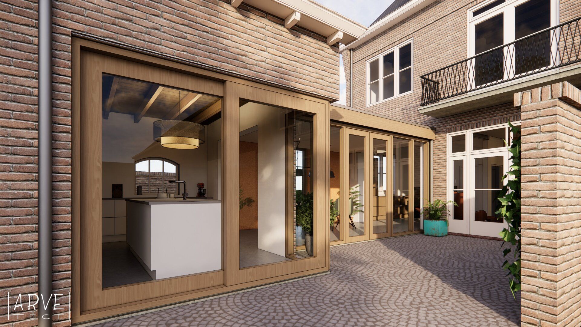 Exterieurfoto van een huis met houten kozijnen, glazen deuren die toegang geven tot een keuken en terras, en bakstenen muren.