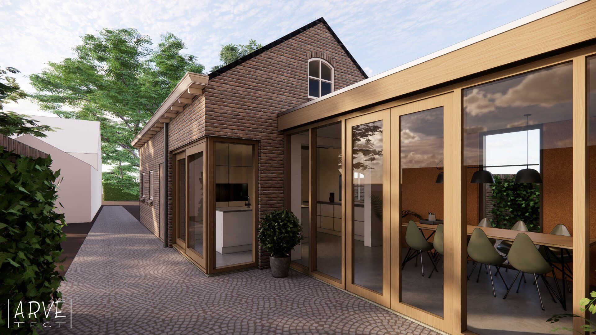 Moderne woning met houten kozijnen, glazen deuren en een bakstenen gevel.