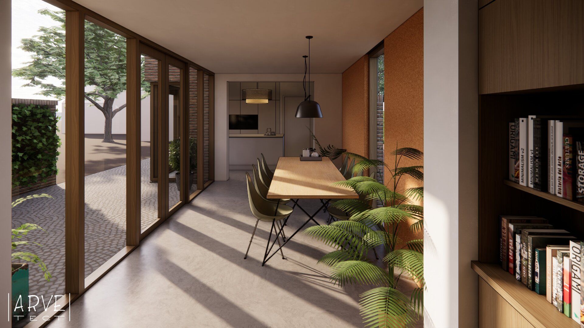 Eetkamer met een lange tafel, planten en glazen deuren die uitkijken op een tuin.