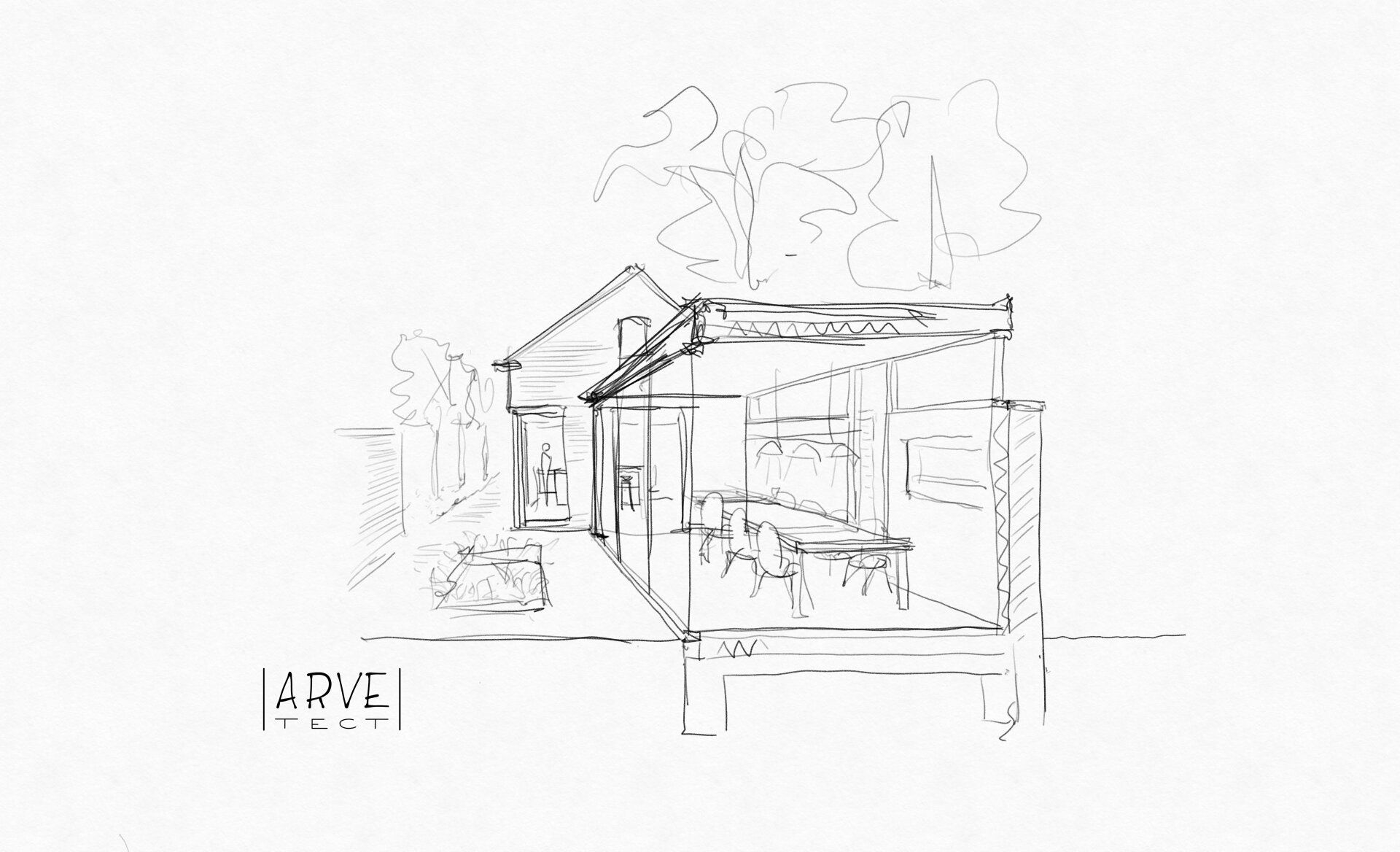 Schets van een huis met een veranda. Op de veranda staan ​​een tafel en stoelen. Op de achtergrond zijn bomen te zien.