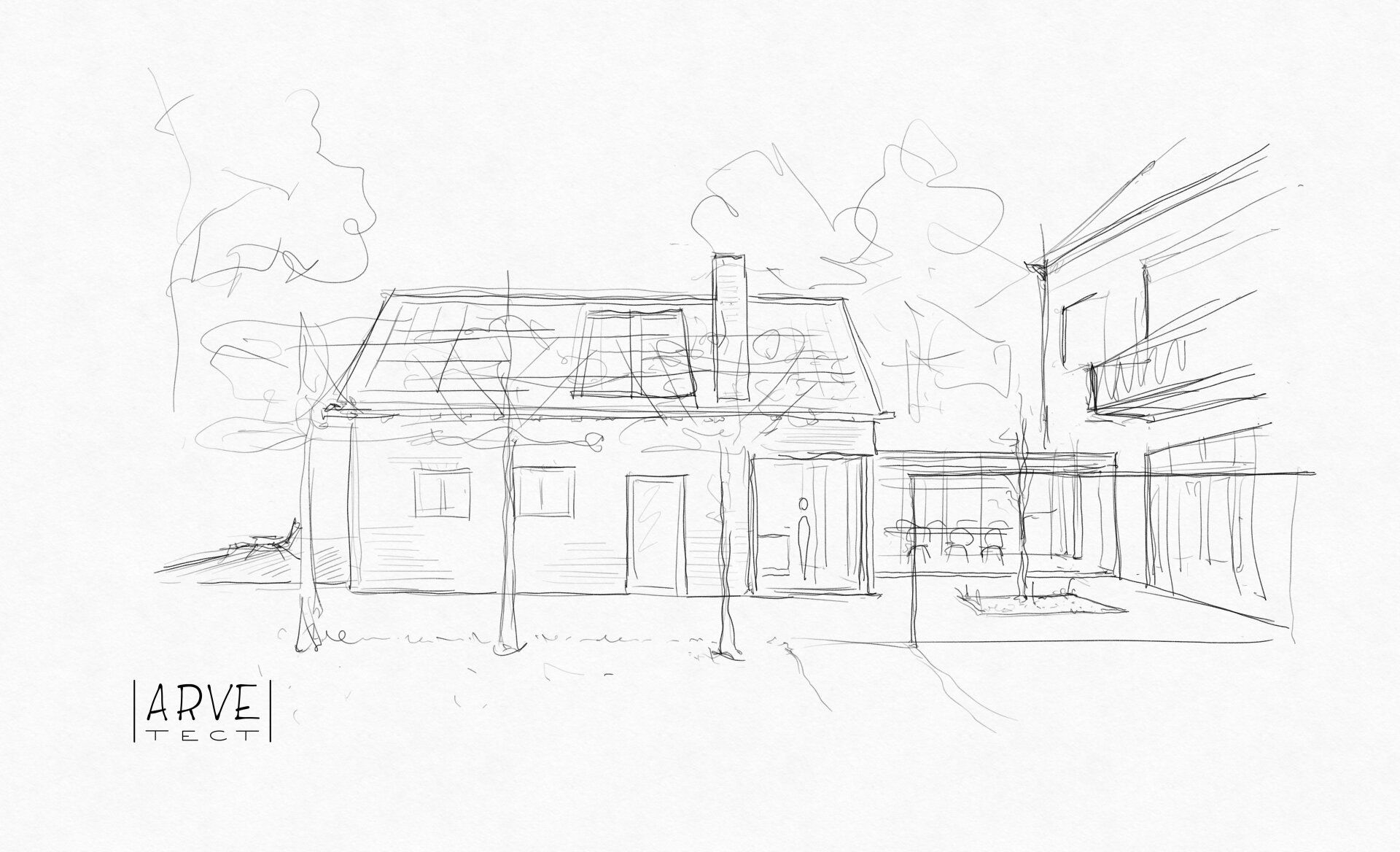 Lijntekening van een klein huis met een schoorsteen en een patio, naast een modern gebouw.