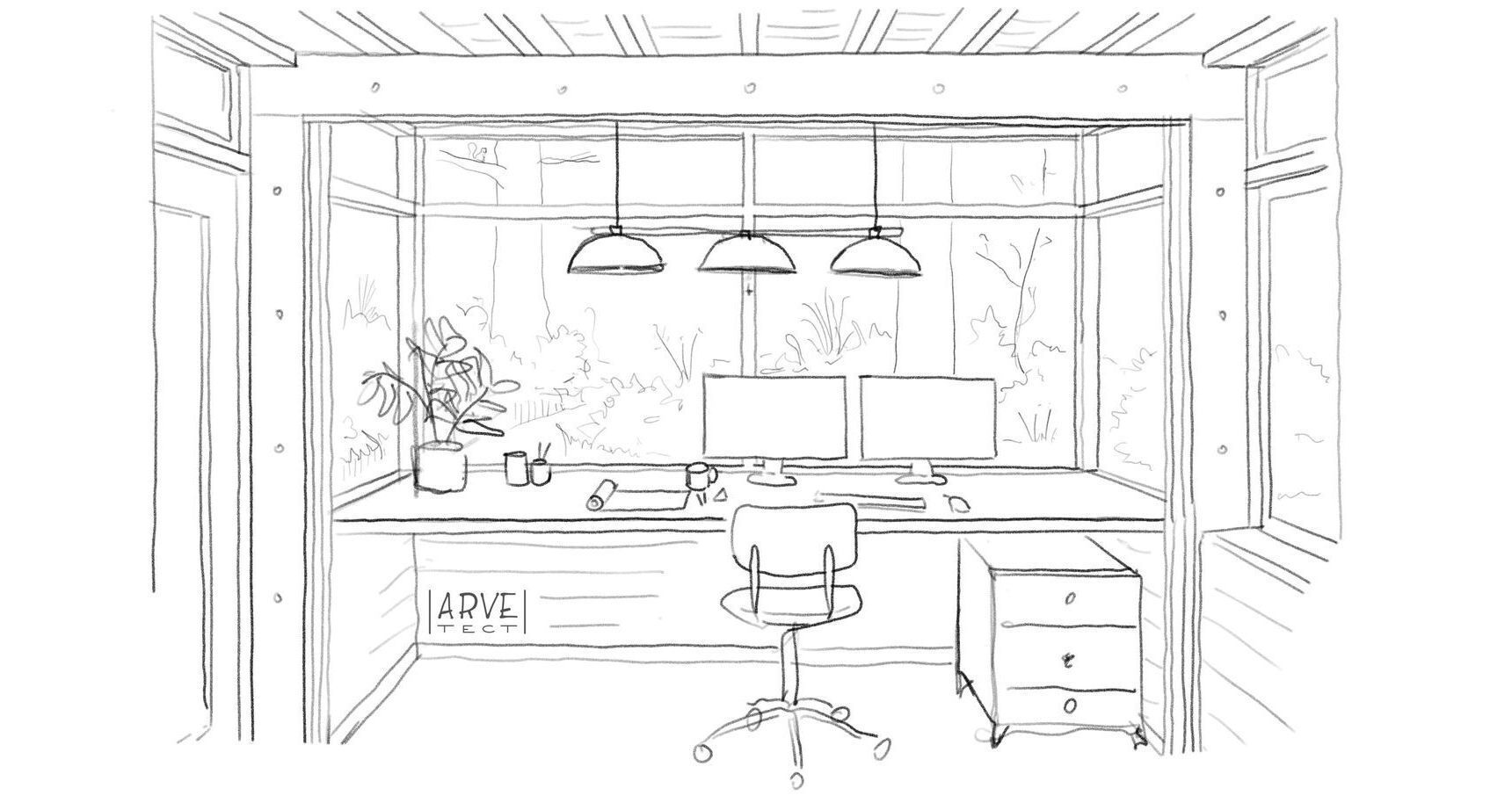 Lijntekening van een thuiskantoor met een bureau, twee beeldschermen, een stoel en een groot raam met uitzicht op bomen.