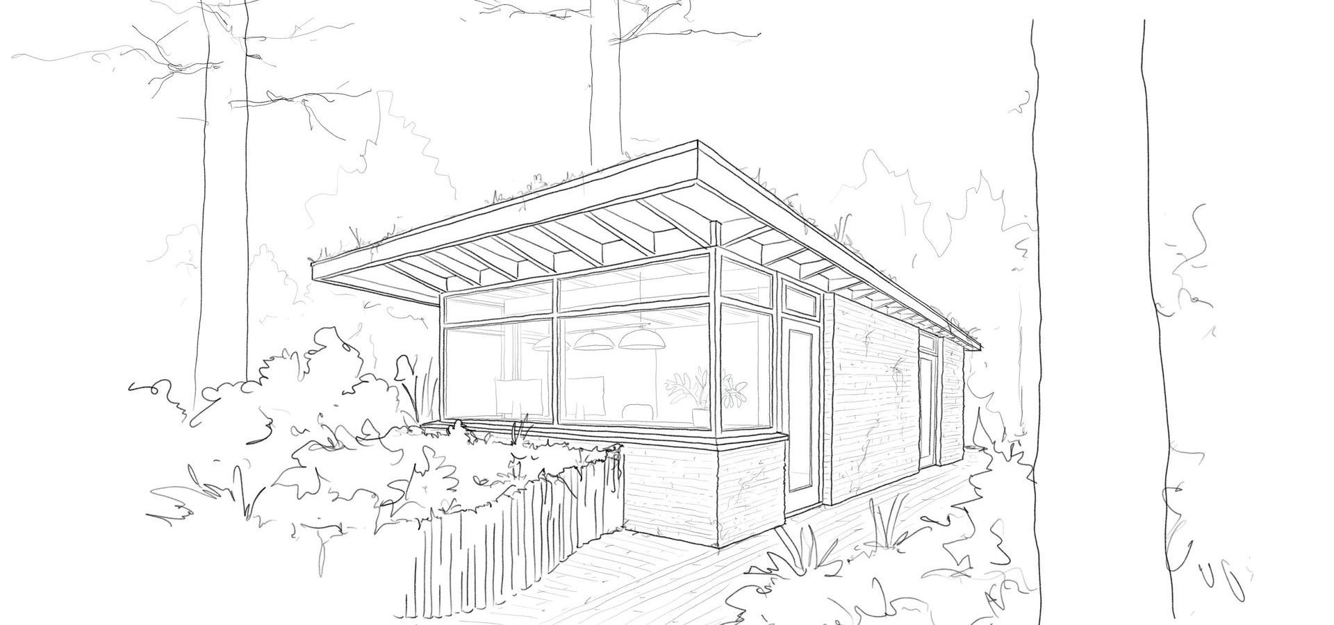 Een schets van een modern tuinkantoor in een weelderige boomrijke omgeving.
