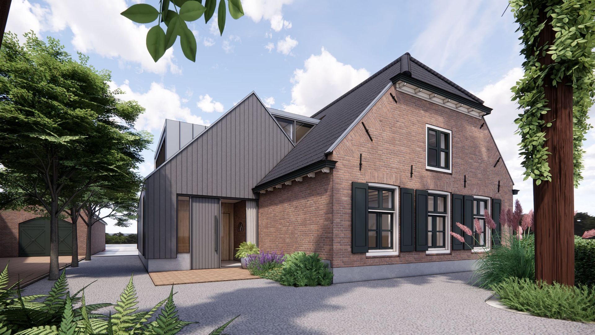 Exterieur van een moderne aanbouw met houten gevel en zinken dak aan een historische boerderij.