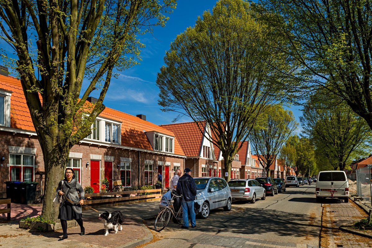 Straat met huizen, oranje pannendaken. Mensen lopen, auto's staan ​​geparkeerd. Bomen omlijsten het uitzicht, blauwe lucht.