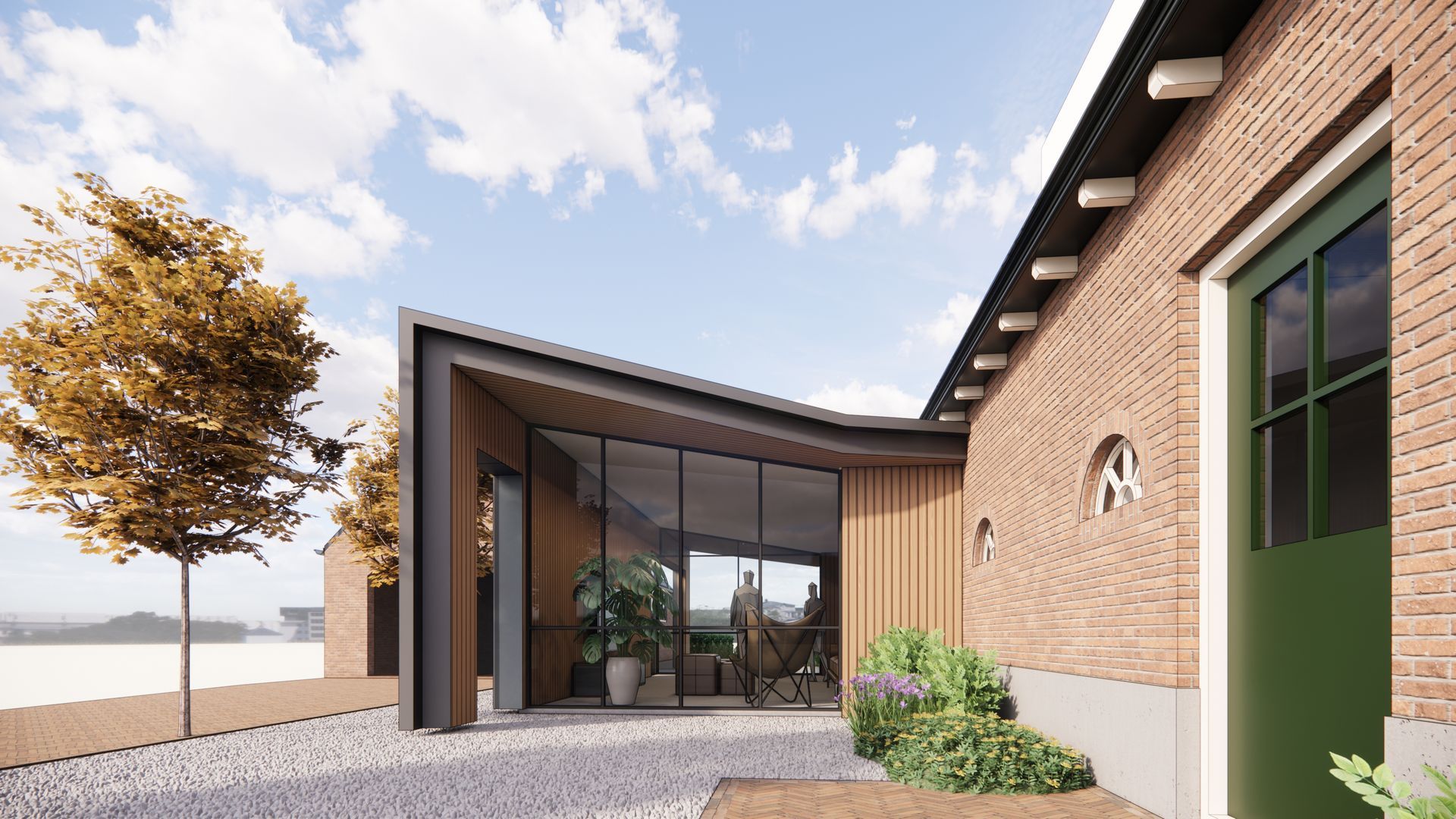 Modern gebouw met bakstenen muur, glazen gevel en groene deur. Houten gevelbekleding en een grindpad bevinden zich aan de voorzijde.