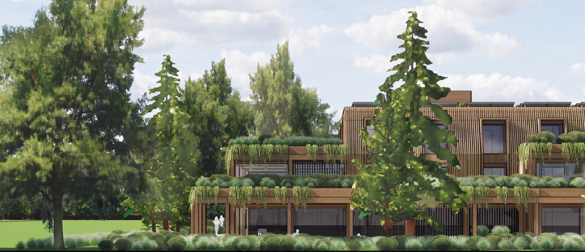 Modern houten gebouw met groen dak, omgeven door bomen.