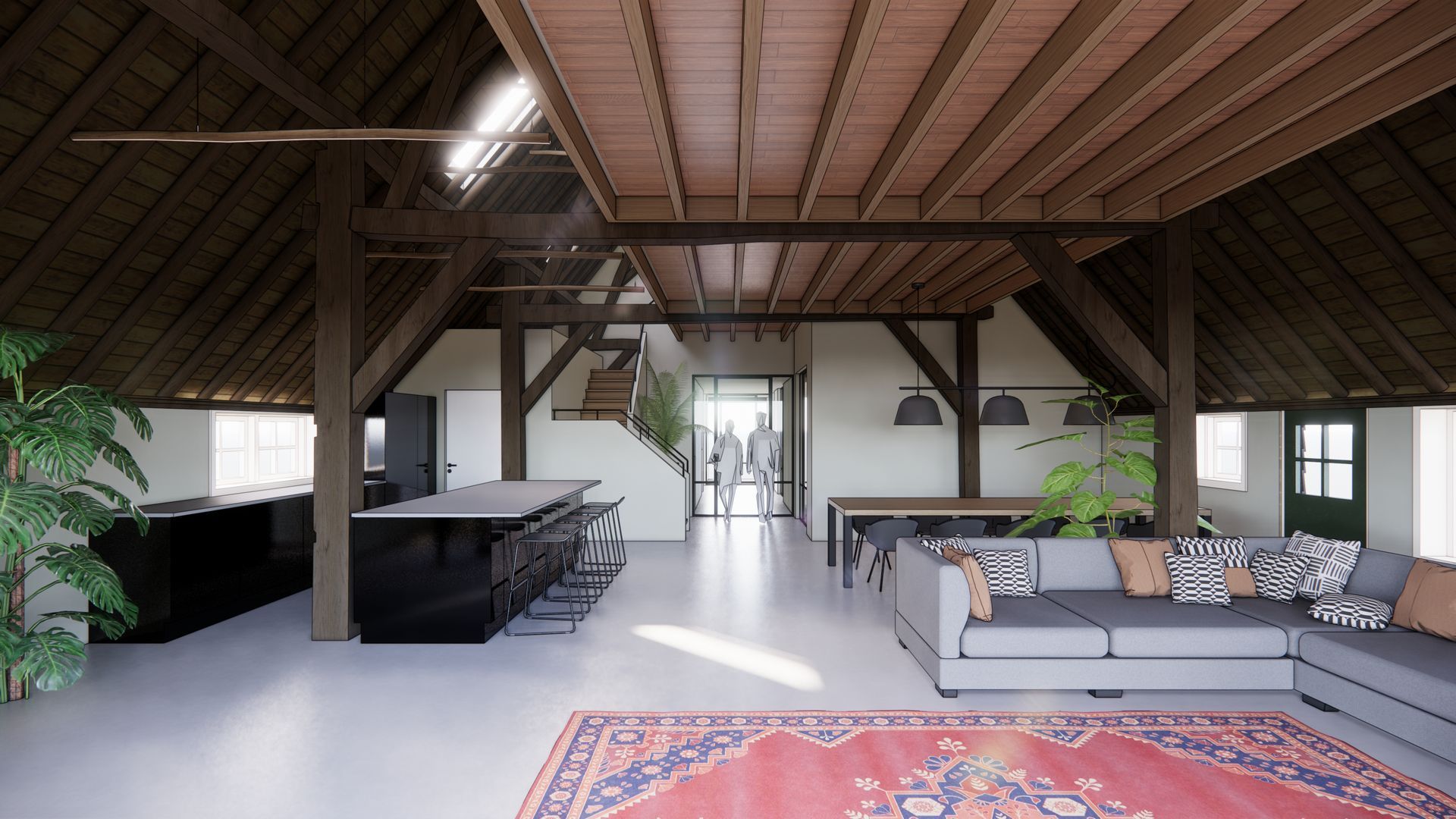 Ruim interieur met zichtbare houten balken, open woon- en eetgedeelte en een rood vloerkleed.