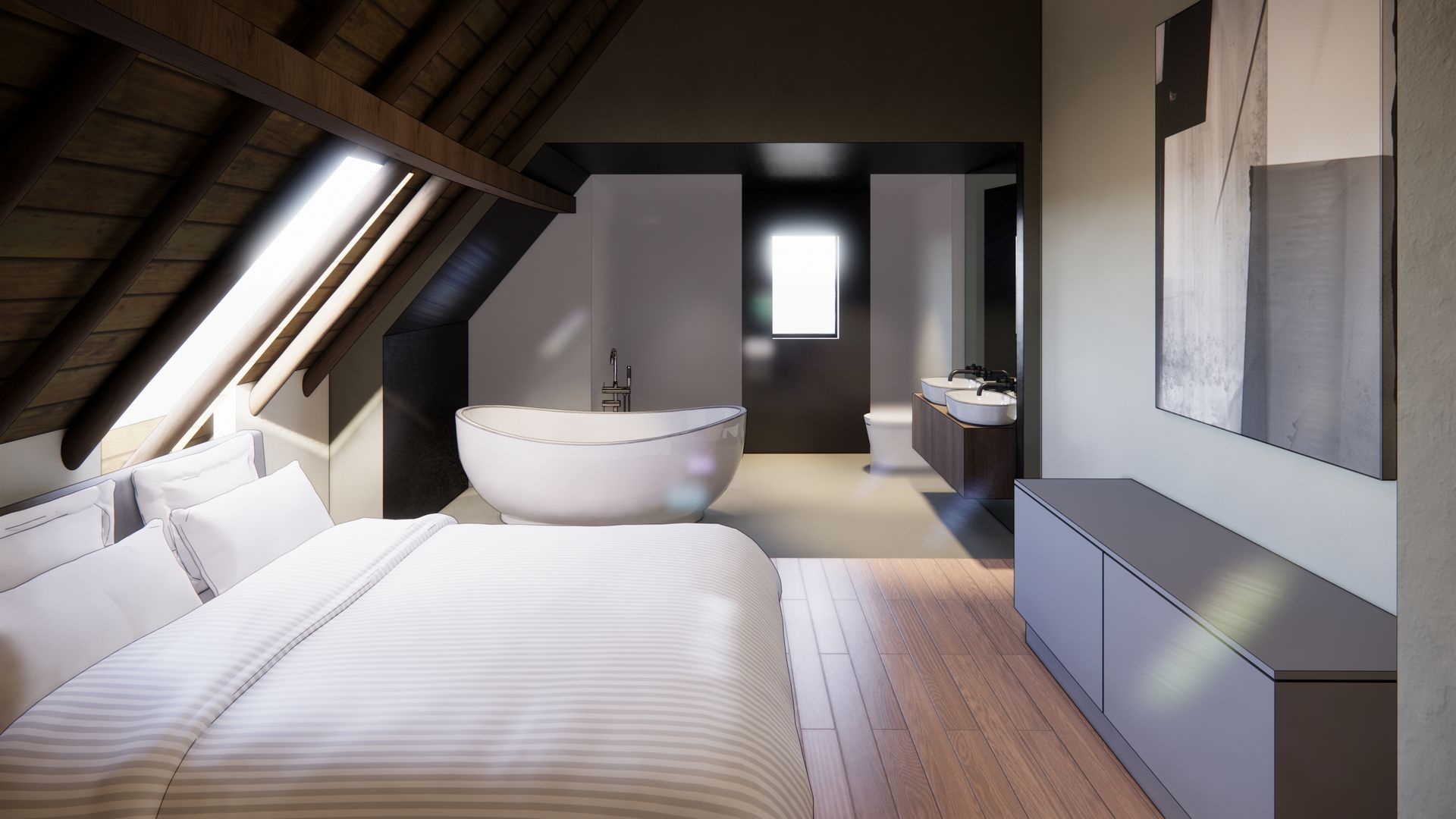 Slaapkamer en badkamer in een moderne loft met een bed, badkuip en wastafel.