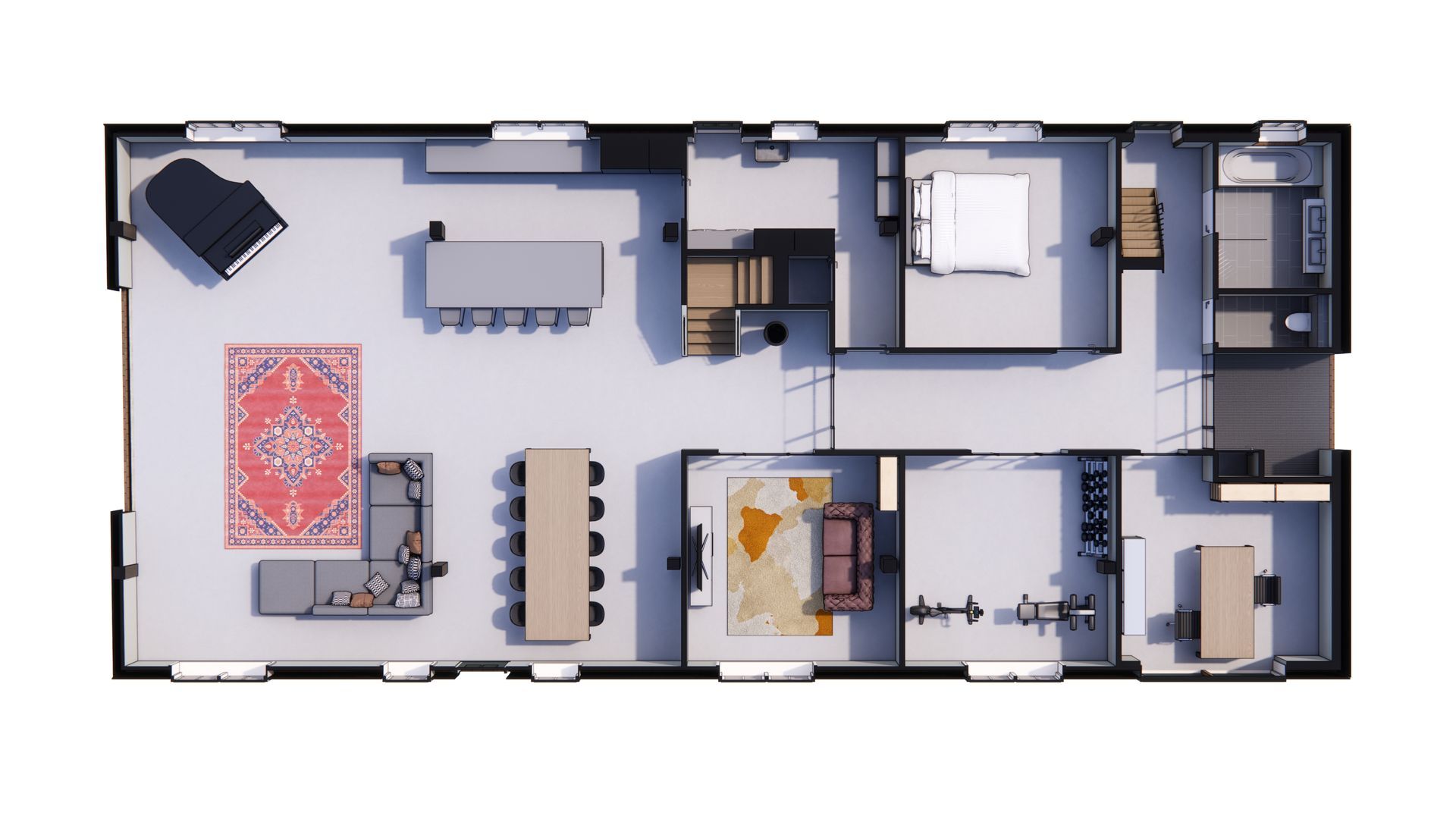 Plattegrond van een modern huis, met daarin de kamers zoals de woonkamer, keuken en slaapkamers, inclusief meubilair.