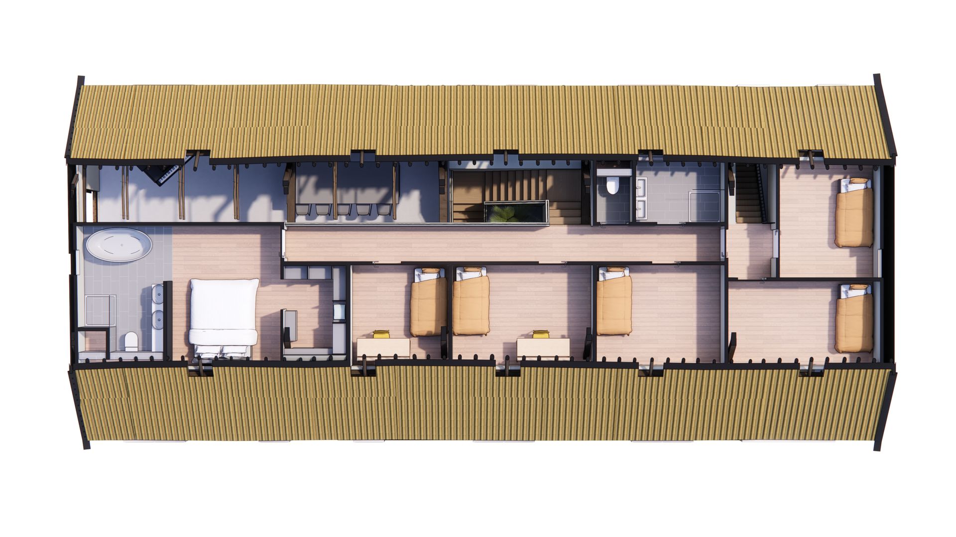 Bovenaanzicht van een plattegrond van een huis met een houten dak, inclusief slaapkamers, badkamers en een centraal trappenhuis.