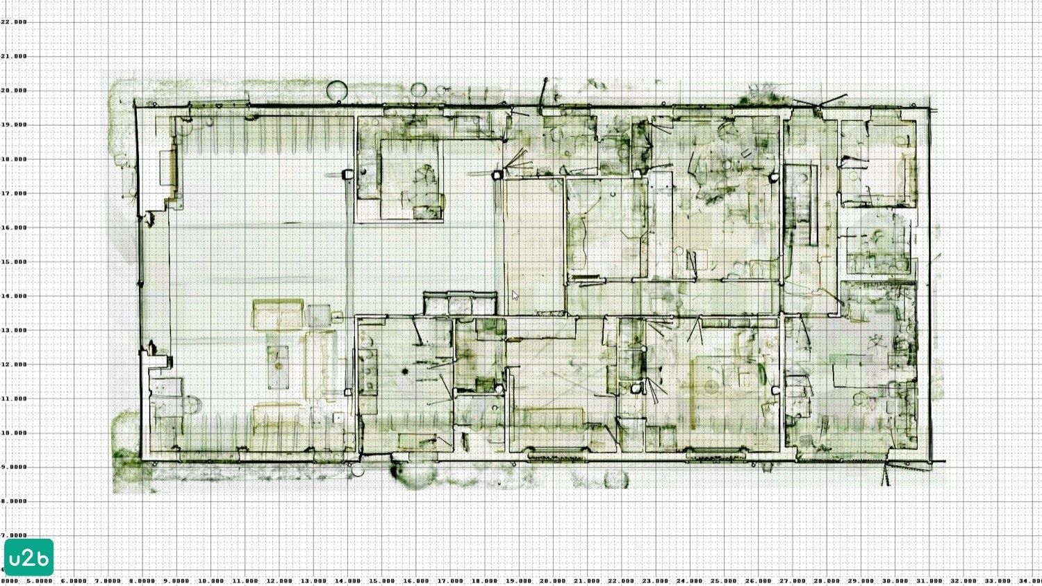 Plattegrondweergave van een pointcloud; muren en meubilair zichtbaar.