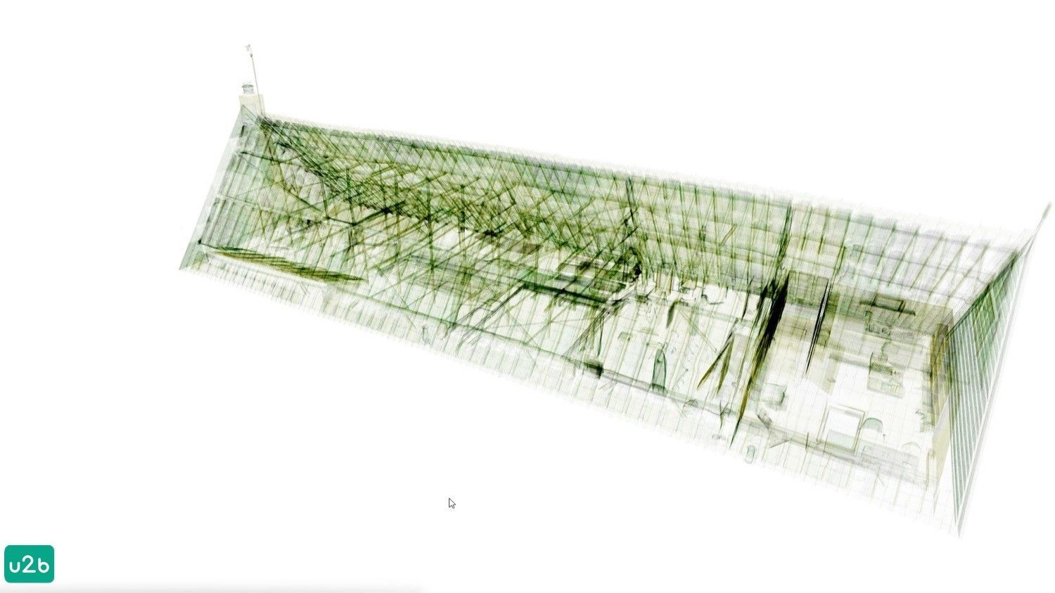 Weergave van de pointcloud van een gebouwinterieur, met weergave van muren, balken en plafondelementen.