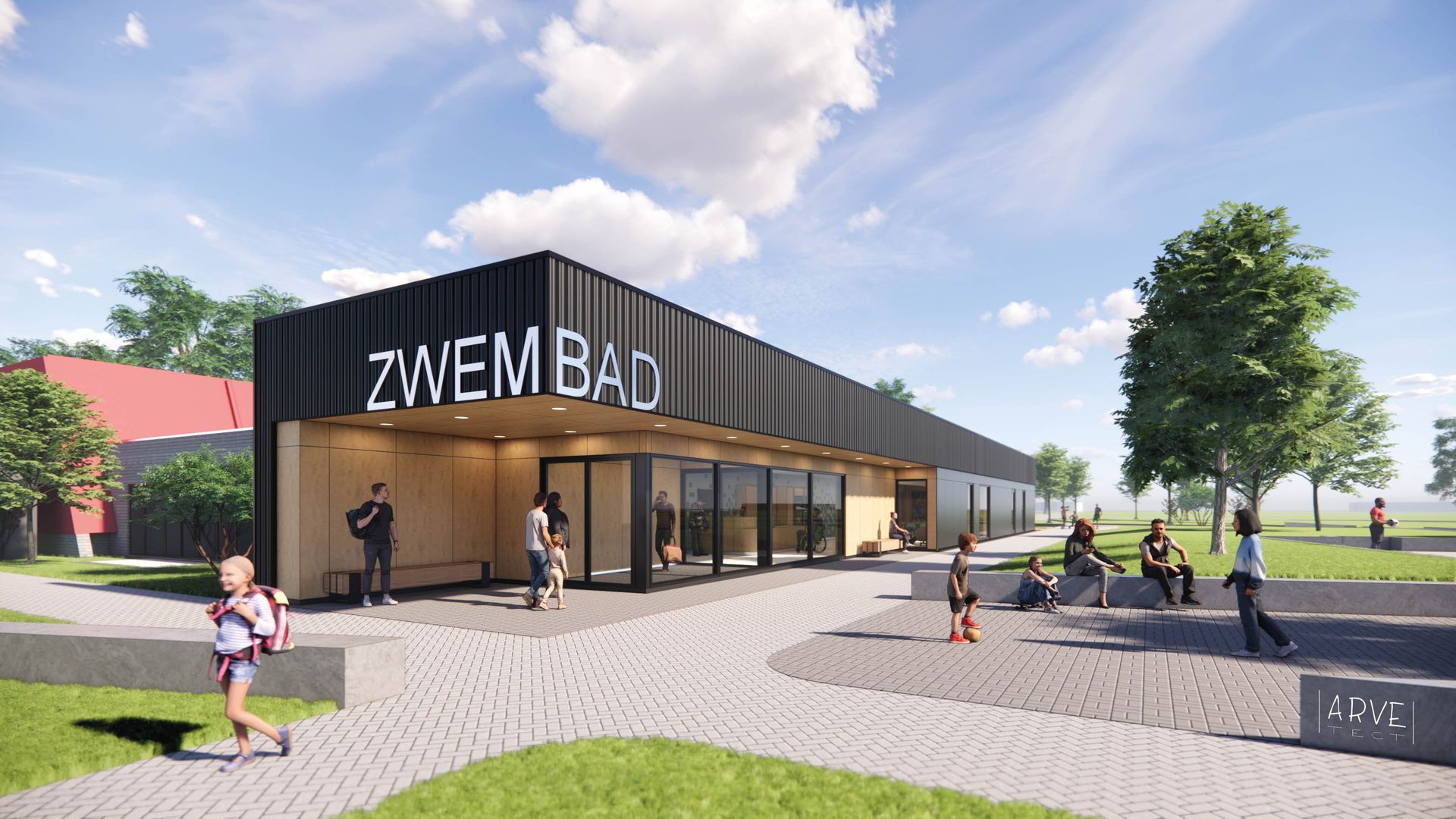 Modern zwembadgebouw met het opschrift 