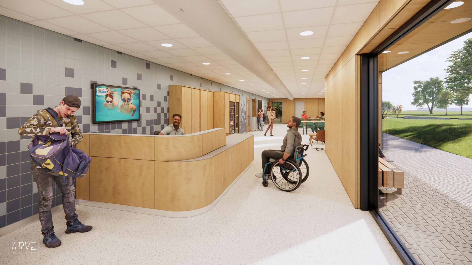 Interieurtekening van een ontvangsthal met een gebogen houten balie, een persoon in een rolstoel en een groot raam.
