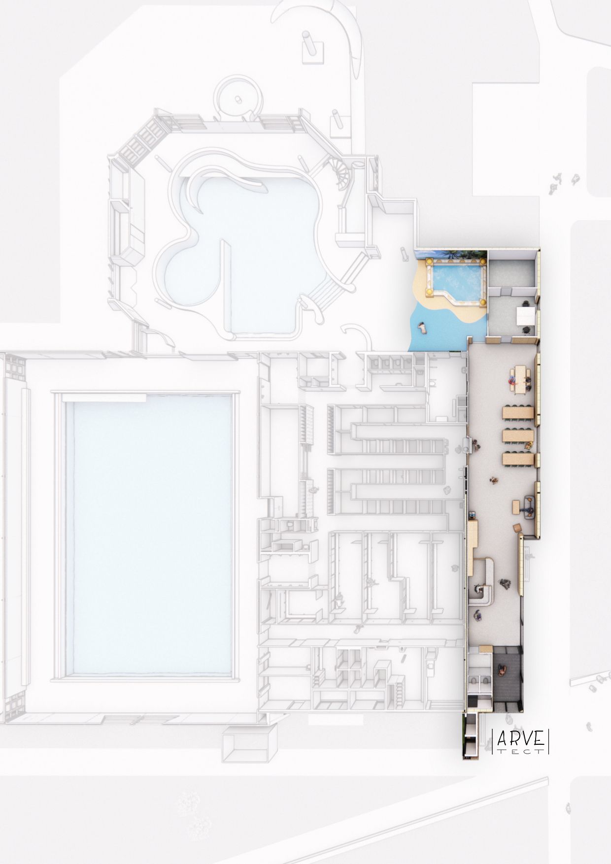 Architectonische plattegrond van een gebouw met een groot zwembad, met details van de binnenruimtes in grijs en wit.
