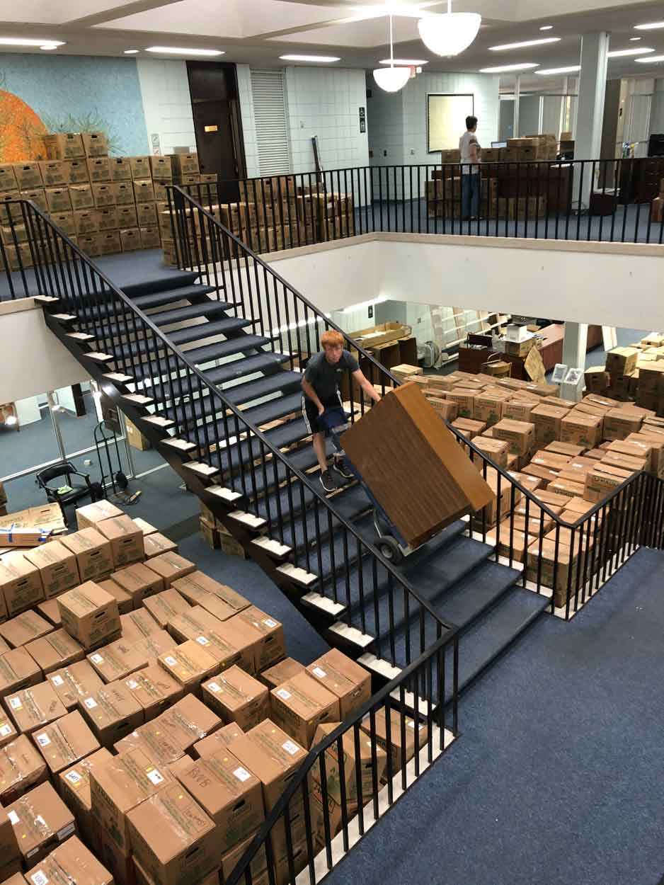 Warehouse interior with staircase, stacks of cardboard boxes, and a person moving a box below.