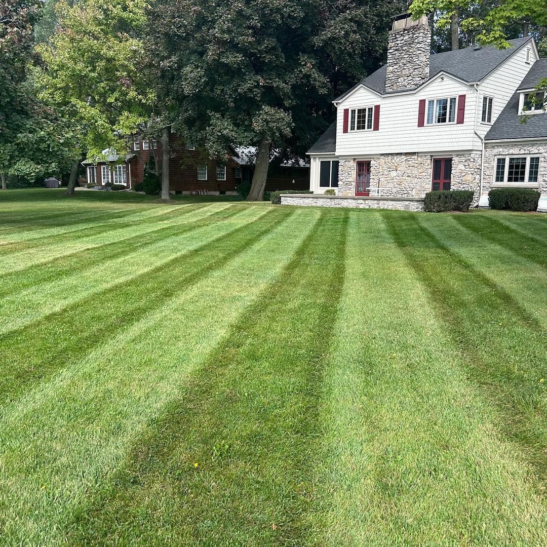 Striped green lawn leading to a white stone house with red shutters and trees in the background