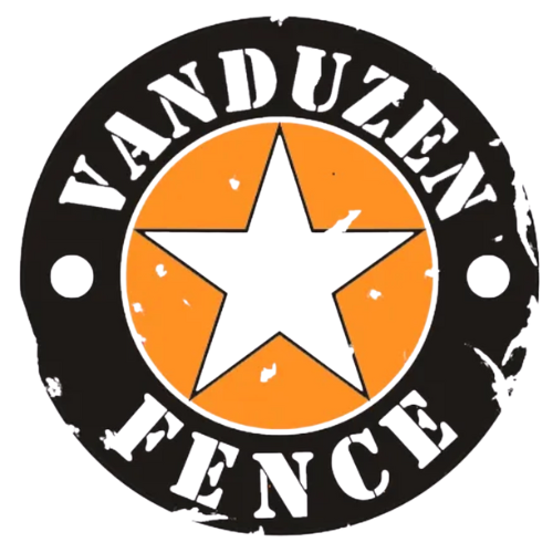 Vanduzen Fence logo: black circle with orange star and white text.