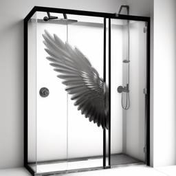 A glass shower enclosure with a large, gray wing design. Black frame, silver showerhead, and fixtures.