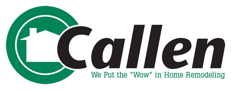 The callen logo is green and black and says we put the wow in home remodeling