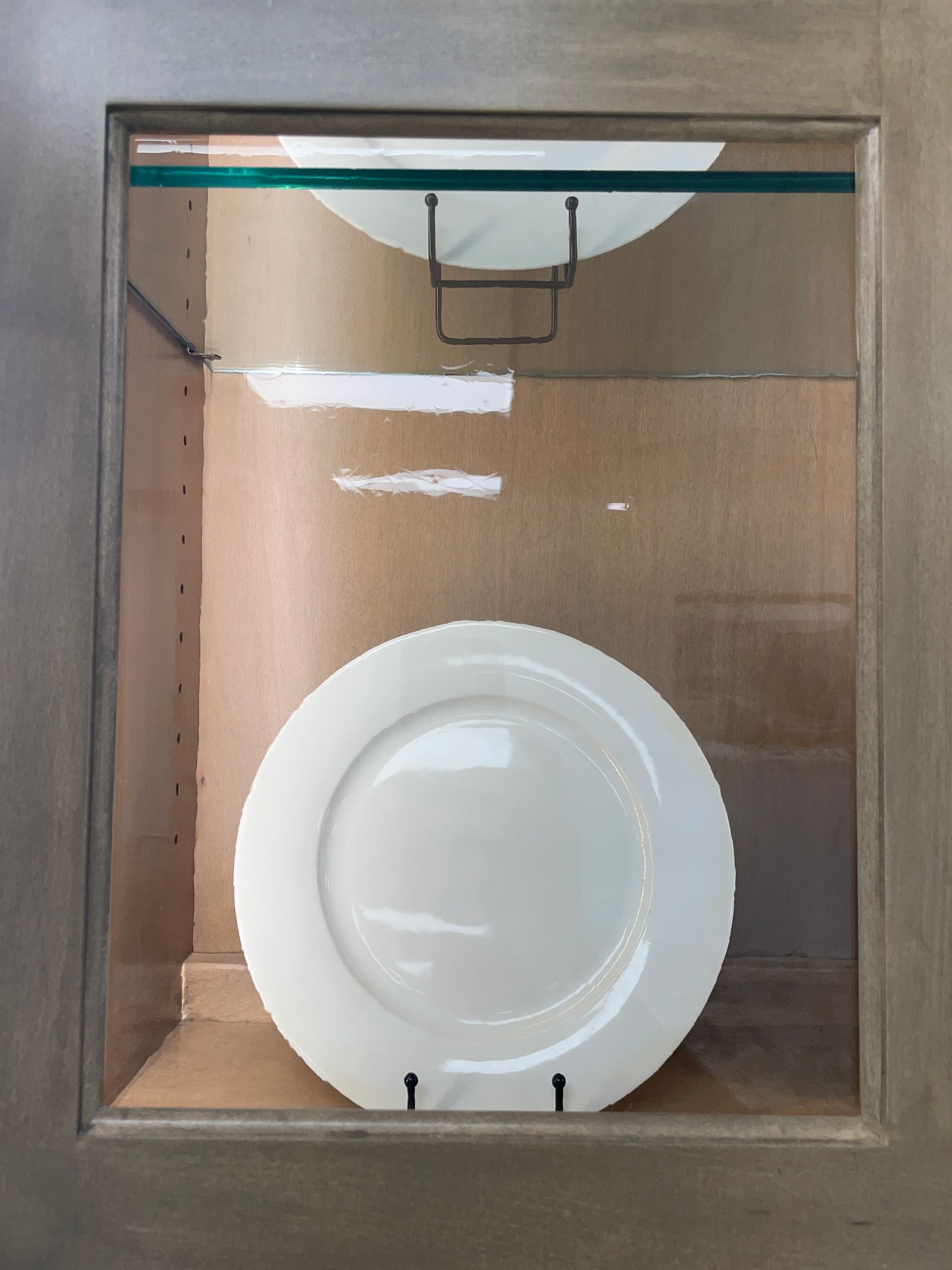 A white plate inside a glass-fronted cabinet, with plate holders visible.