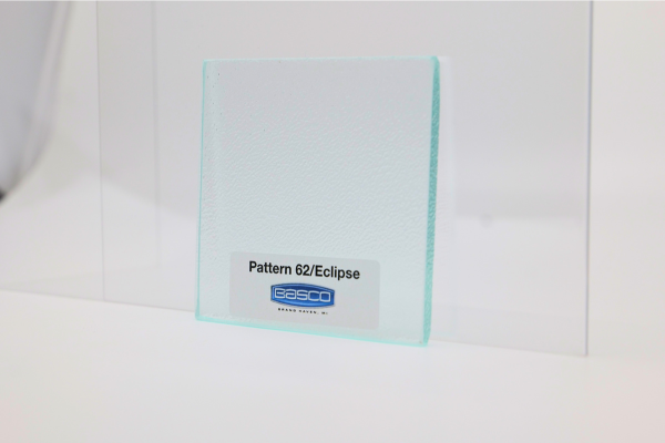 Glass panel with etched pattern, labeled 