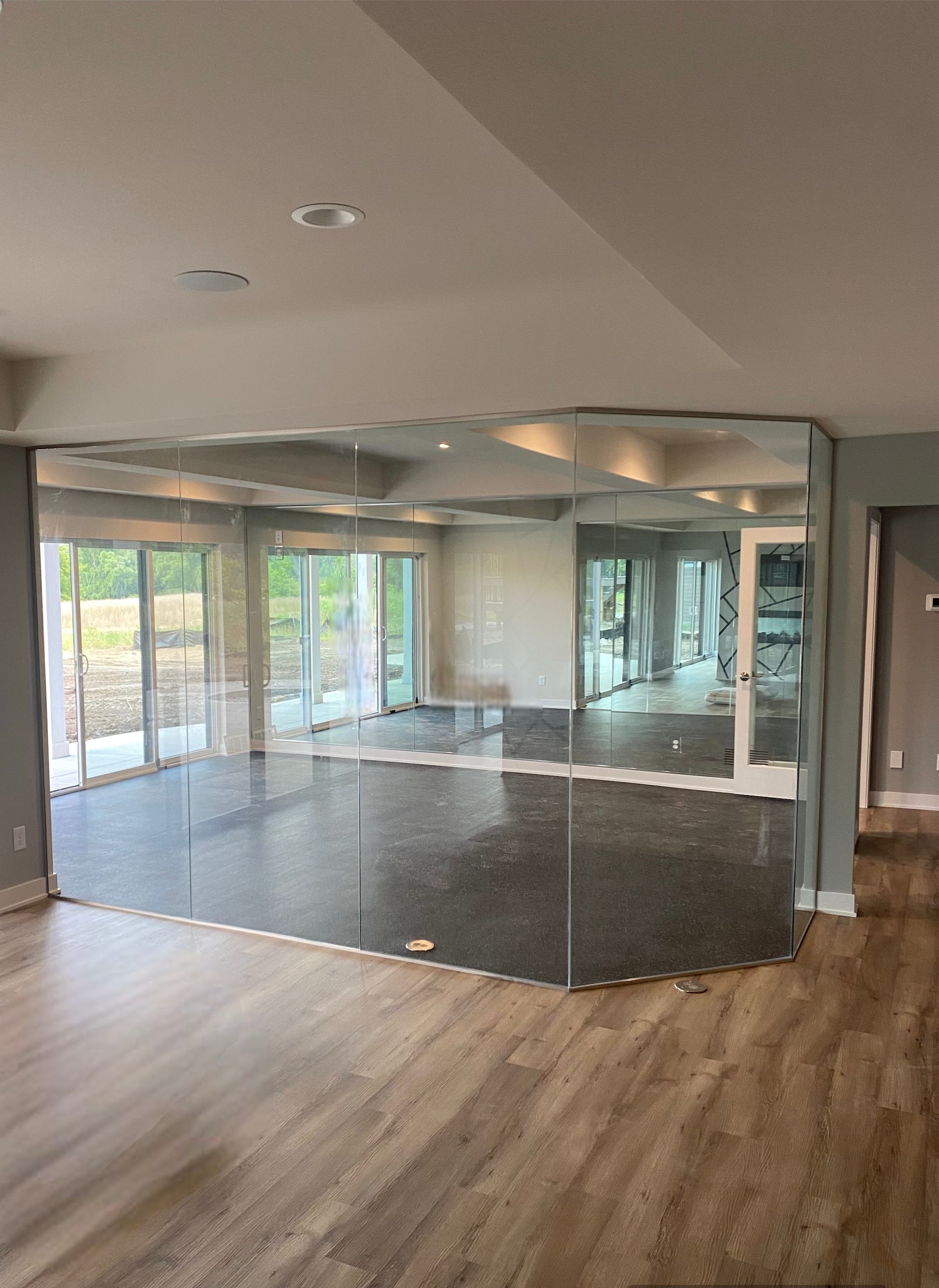 Room with mirrored wall, wooden floors, and large windows overlooking a yard.