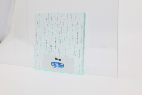Textured, rectangular glass sample labeled 