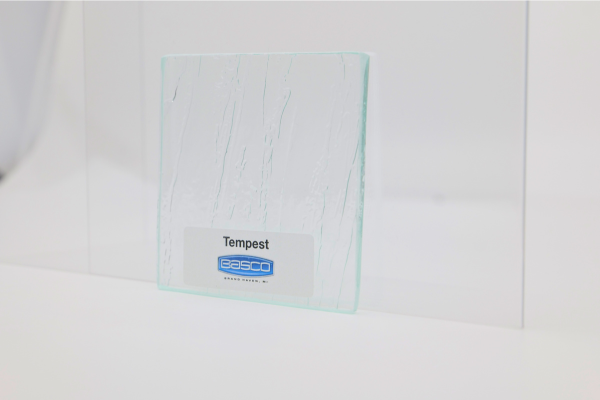 Textured glass sample labeled 