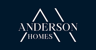 The logo for anderson homes is on a dark blue background.