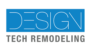 The logo for design tech remodeling is blue and white.