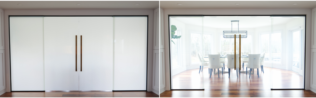 Sliding glass doors closed and open, revealing a dining room with a table, chairs, and chandelier.
